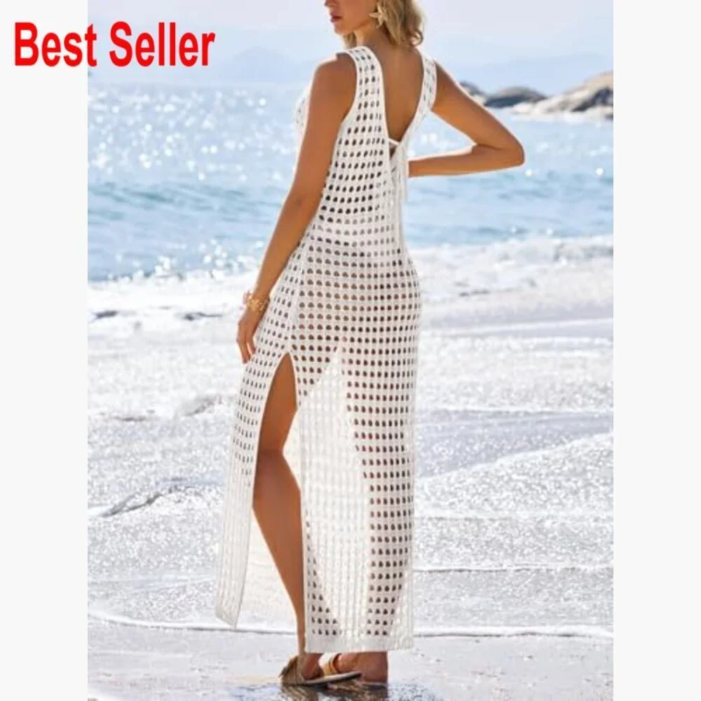 Polyester Crochet Swimsuit Cover Up Reversible Tie Back Hollow Out